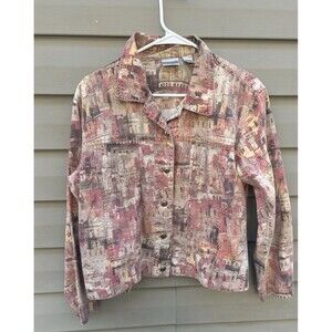 Vtg Chicos Design Cityscape Boho Art To wear Size 2 Cotton Jean Jacket Art L